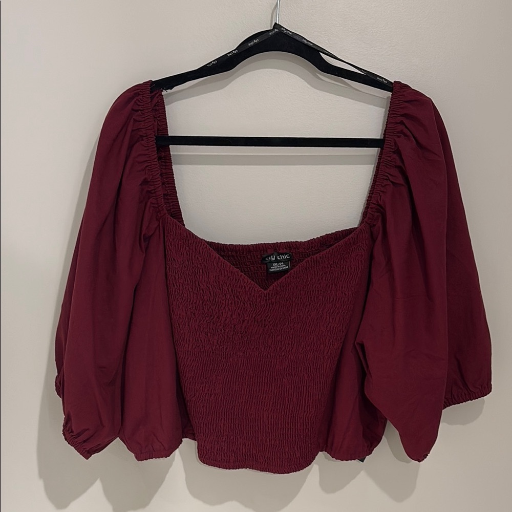 City Chic Red Smocked Puff Sleeve Blouse